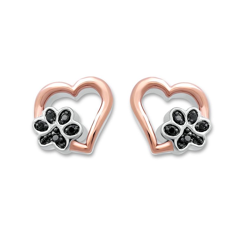 Main Image 1 of Previously Owned Pet Love Paw Print Earrings Black Diamonds Sterling Silver & 10K Rose Gold