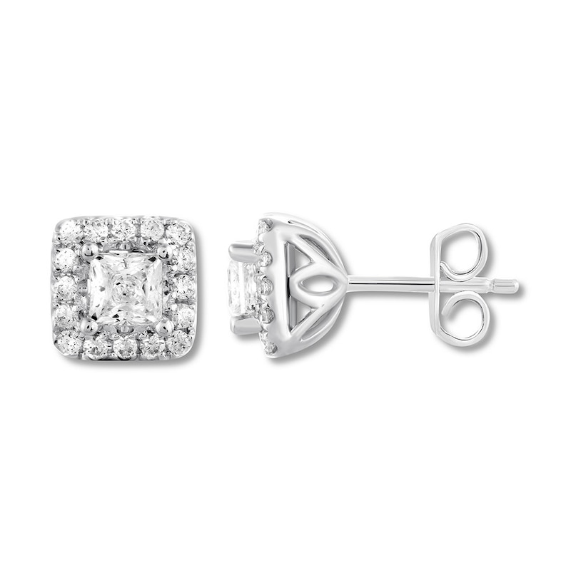 Main Image 1 of Previously Owned THE LEO Diamond Stud Earrings 1 ct tw Princess & Round-cut 14K White Gold (I/I1)