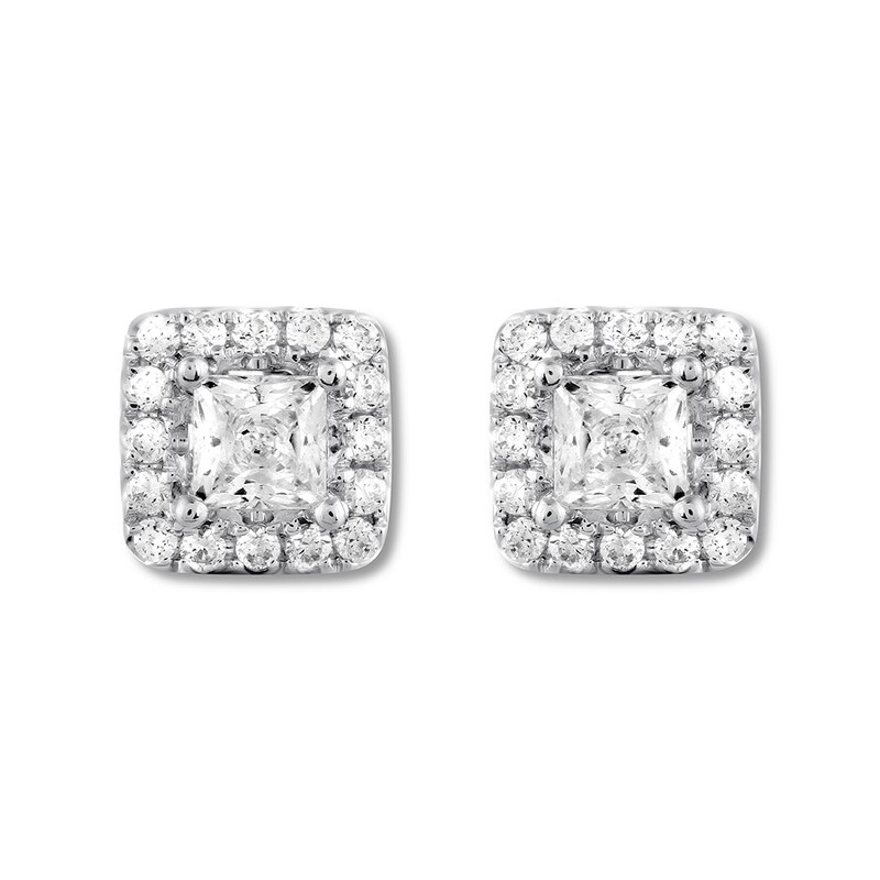 Main Image 2 of Previously Owned THE LEO Diamond Stud Earrings 1 ct tw Princess & Round-cut 14K White Gold (I/I1)