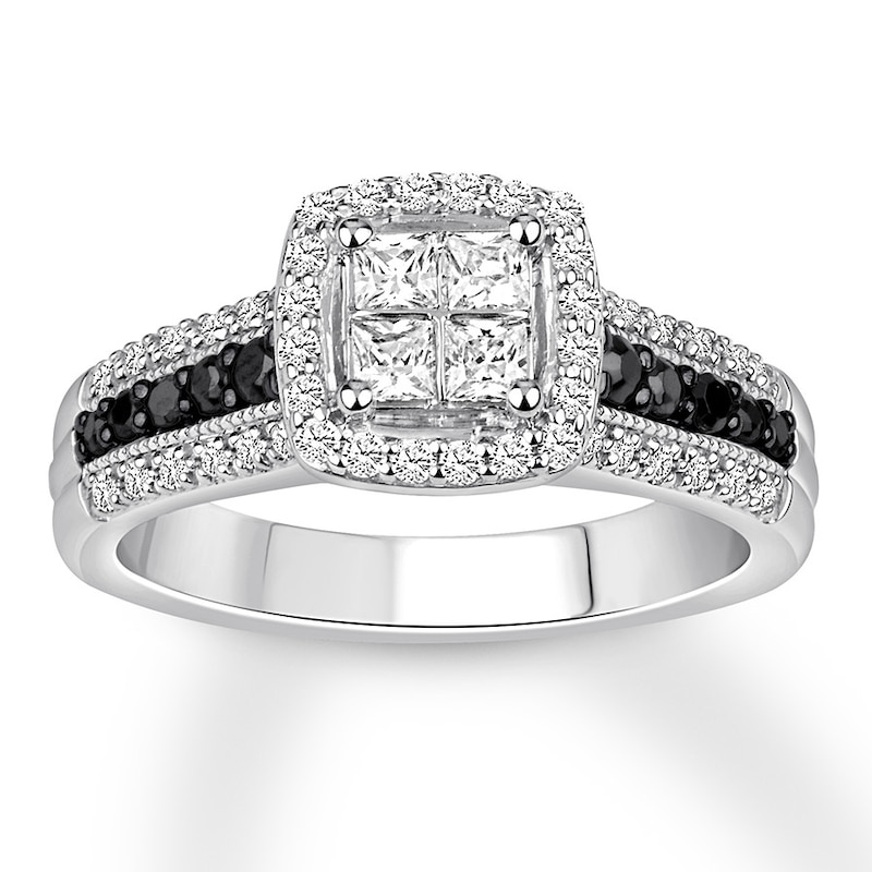 Main Image 1 of Previously Owned Black/White Diamond Engagement Ring 3/4 ct tw Princess-cut 14K White Gold - Size 4.25