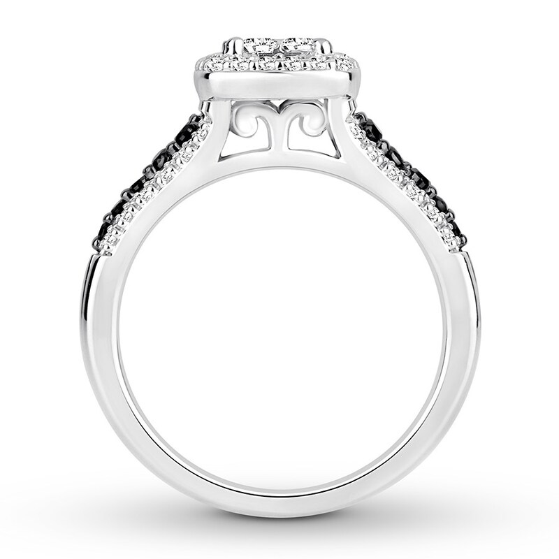 Main Image 2 of Previously Owned Black/White Diamond Engagement Ring 3/4 ct tw Princess-cut 14K White Gold - Size 4.25