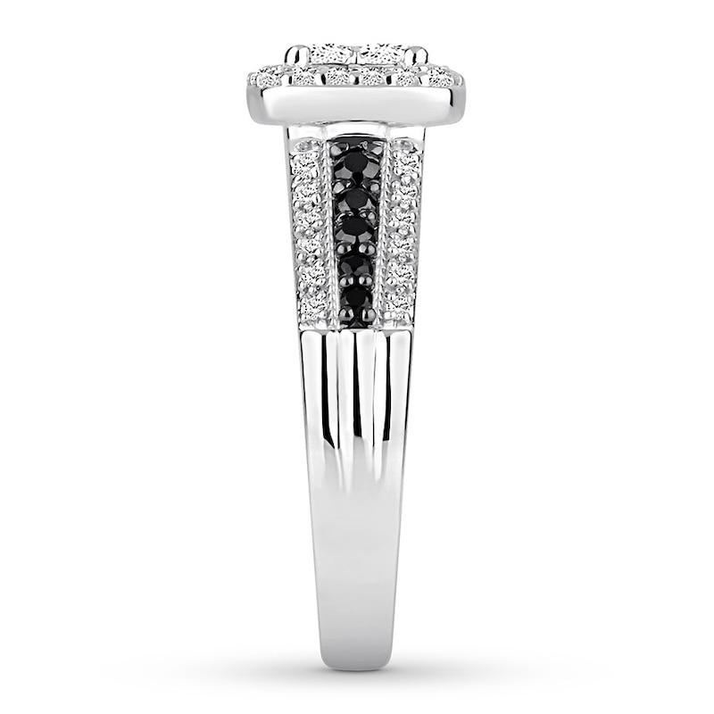 Main Image 3 of Previously Owned Black/White Diamond Engagement Ring 3/4 ct tw Princess-cut 14K White Gold - Size 4.25