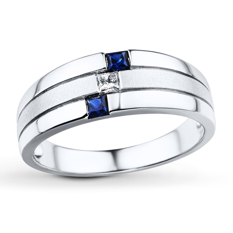 Main Image 1 of Previously Owned Men's Sapphire Ring 1/10 ct tw Square-cut Diamond 10K White Gold - Size 5.5