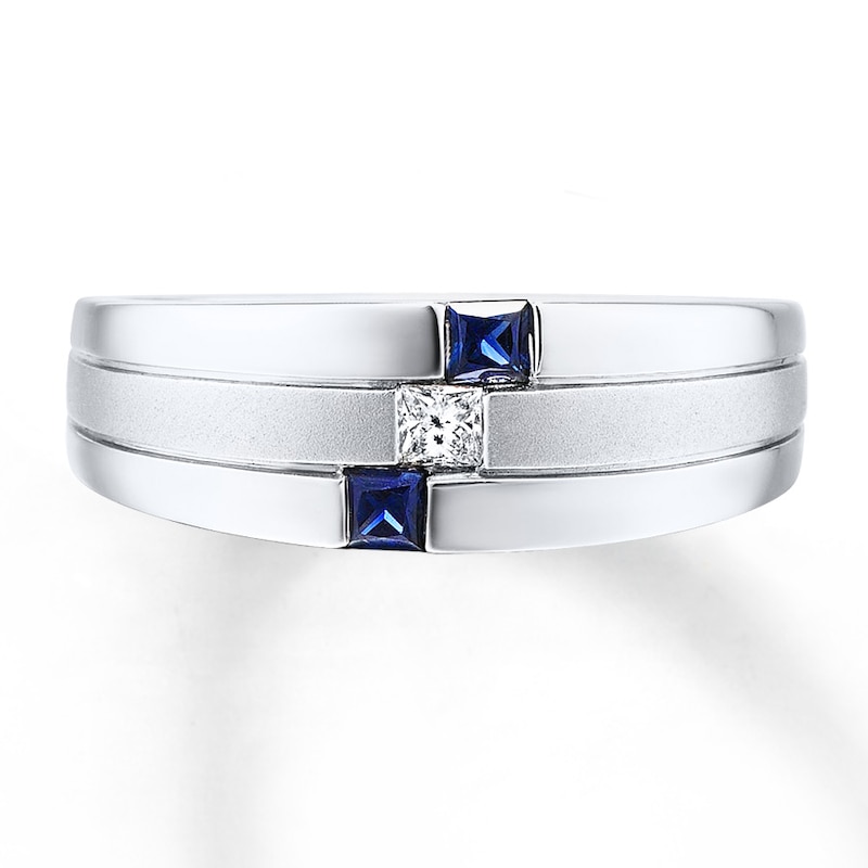 Main Image 4 of Previously Owned Men's Sapphire Ring 1/10 ct tw Square-cut Diamond 10K White Gold - Size 5.5