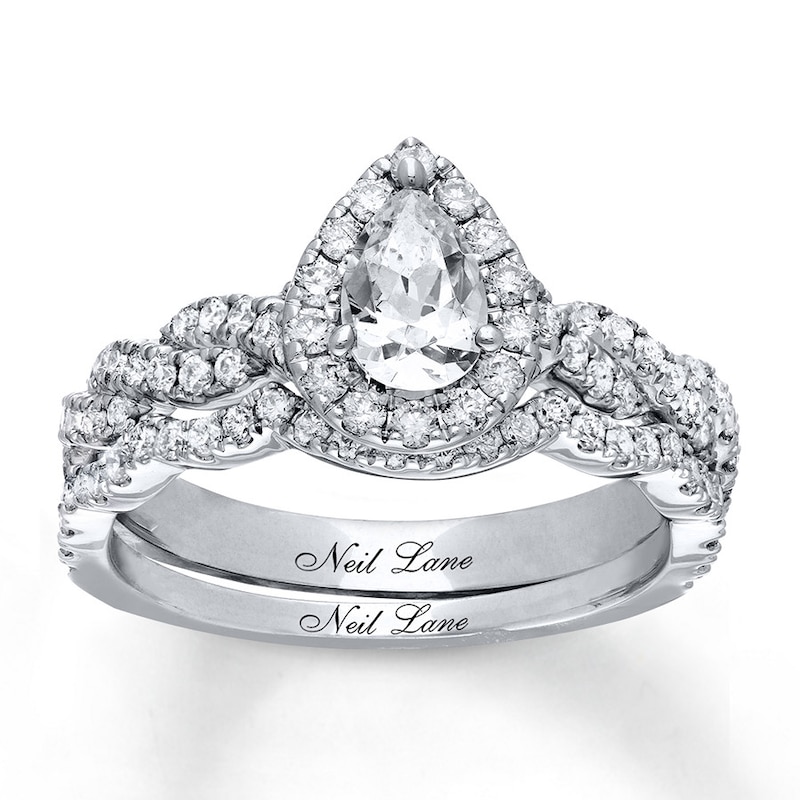 Previously Owned Neil Lane Bridal Set 1-1/5 ct tw Pear & Round-cut Diamonds 14K White Gold - Size 4