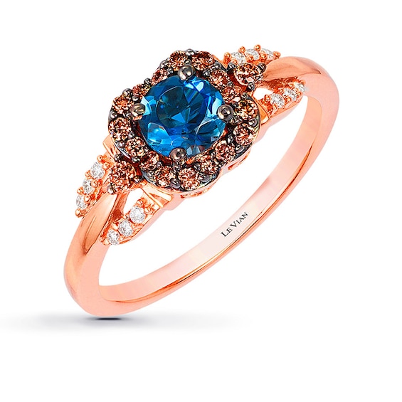 Previously Owned Le Vian Blue Topaz 1/5 ct tw Round-cut Diamonds 14K Strawberry Gold Ring Size 9.25