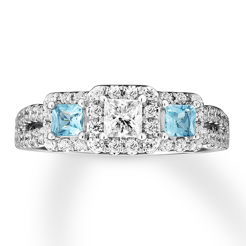 Previously Owned Aquamarine Engagement Ring 5/8 ct tw Princess & Round-cut Diamonds 14K White Gold