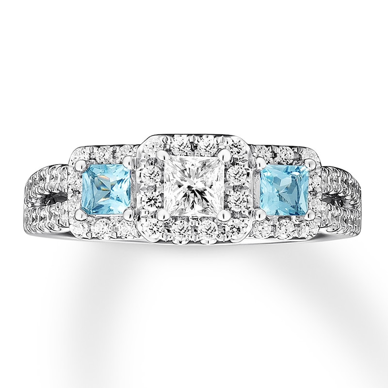 Main Image 1 of Previously Owned Aquamarine Engagement Ring 5/8 ct tw Princess & Round-cut Diamonds 14K White Gold