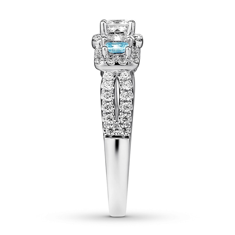 Main Image 3 of Previously Owned Aquamarine Engagement Ring 5/8 ct tw Princess & Round-cut Diamonds 14K White Gold