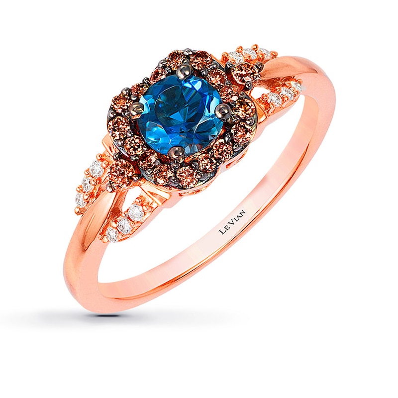 Main Image 1 of Previously Owned Le Vian Blue Topaz 1/5 ct tw Round-cut Diamonds 14K Strawberry Gold Ring Size 11.75