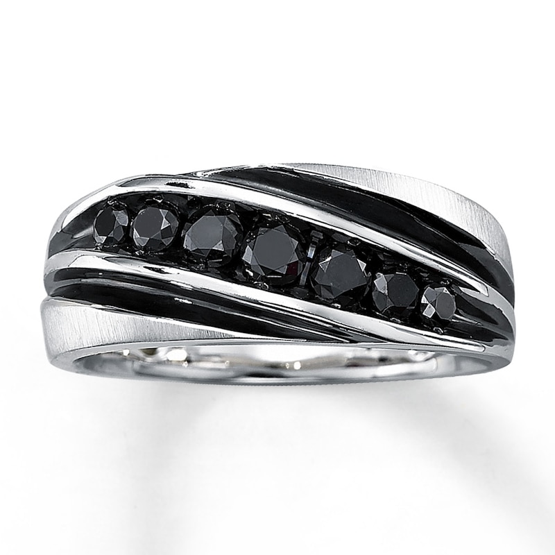 Main Image 1 of Previously Owned Men's Black Diamond Ring 3/4 ct tw Round-cut 10K White Gold - Size 12.75