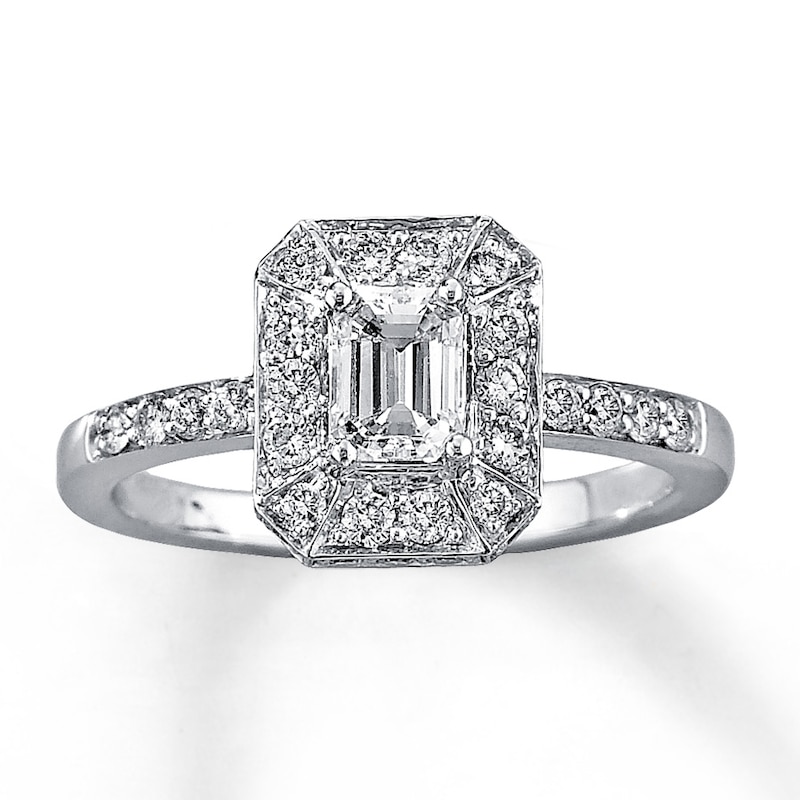 Main Image 1 of Previously Owned Diamond Engagement Ring 1 ct tw Emerald & Round-cut 14K White Gold Size 4.25