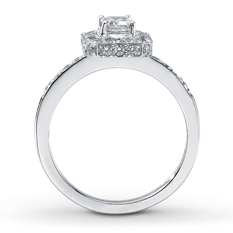 Main Image 2 of Previously Owned Diamond Engagement Ring 1 ct tw Emerald & Round-cut 14K White Gold Size 4.25