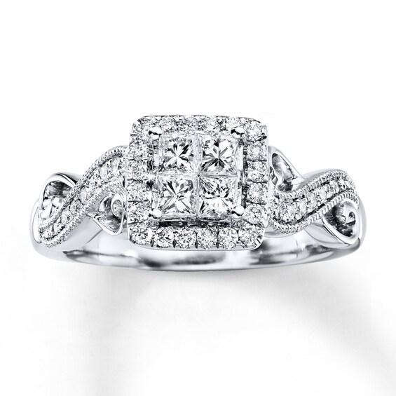 Previously Owned Diamond Engagement Ring 5/8 ct tw Princess & Round-cut 14K White Gold Size 3.75