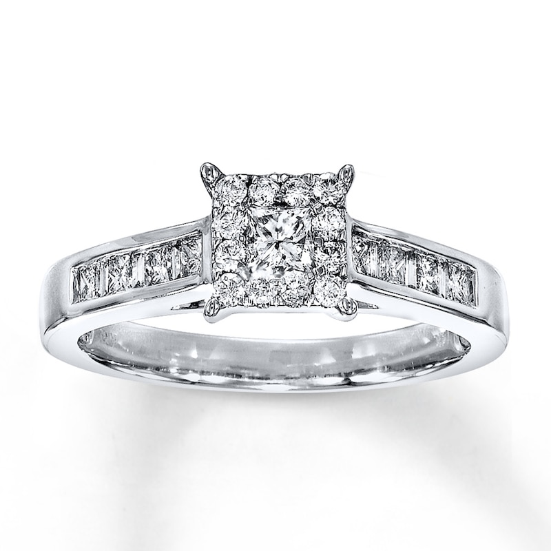 Main Image 1 of Previously Owned Diamond Engagement Ring 5/8 ct tw Princess, Round & Baguette-cut 14K White Gold Size 4
