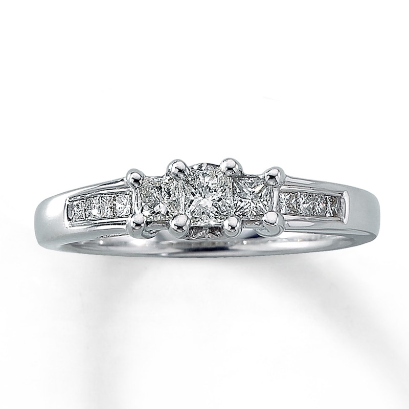 Main Image 1 of Previously Owned 3-Stone Engagement Ring 1/2 ct tw Princess-cut Diamonds 14K White Gold Size 10.5