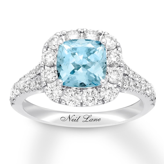 Previously Owned Neil Lane Aquamarine Engagement Ring 1-1/4 ct tw Round-cut Diamonds 14K White Gold Size 4.75