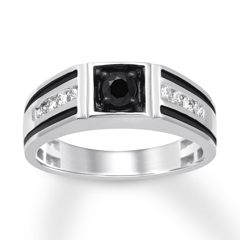 Main Image 1 of Previously Owned Men's Black & White Diamond Ring 3/4 ct tw Round-cut 10K White Gold Size 6.5