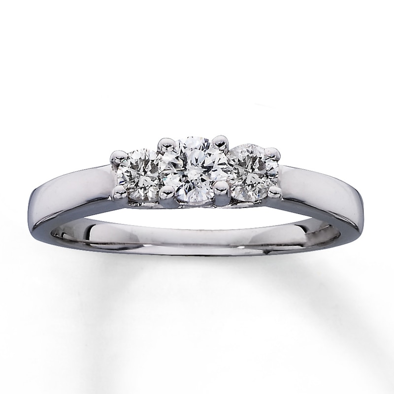 Main Image 1 of Previously Owned Three-Stone Engagement Ring 1/2 ct tw Round-cut Diamonds 14K White Gold Size 10.25