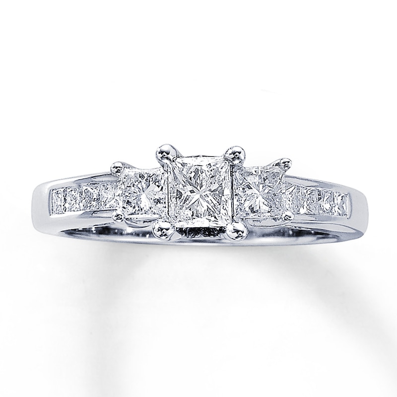 Main Image 1 of Previously Owned Three-Stone Diamond Ring 1 ct tw Princess-cut 14K White Gold Size 3.75