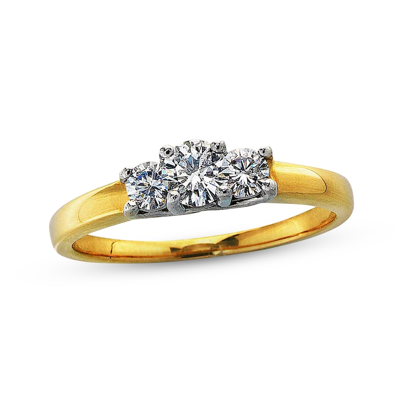 Main Image 1 of Previously Owned Diamond Three-Stone Anniversary Ring 1/2 ct tw Round-cut 14K Yellow Gold & Platinum Size 2