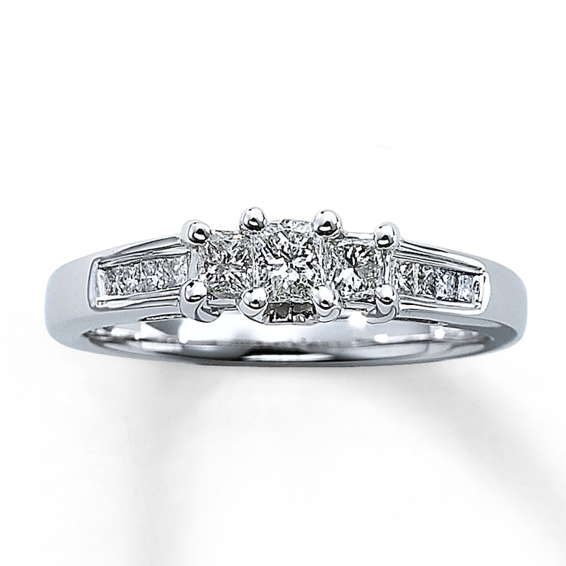 Main Image 1 of Previously Owned Three-Stone Diamond Ring 1/2 ct tw Princess-cut 14K White Gold - Size 4