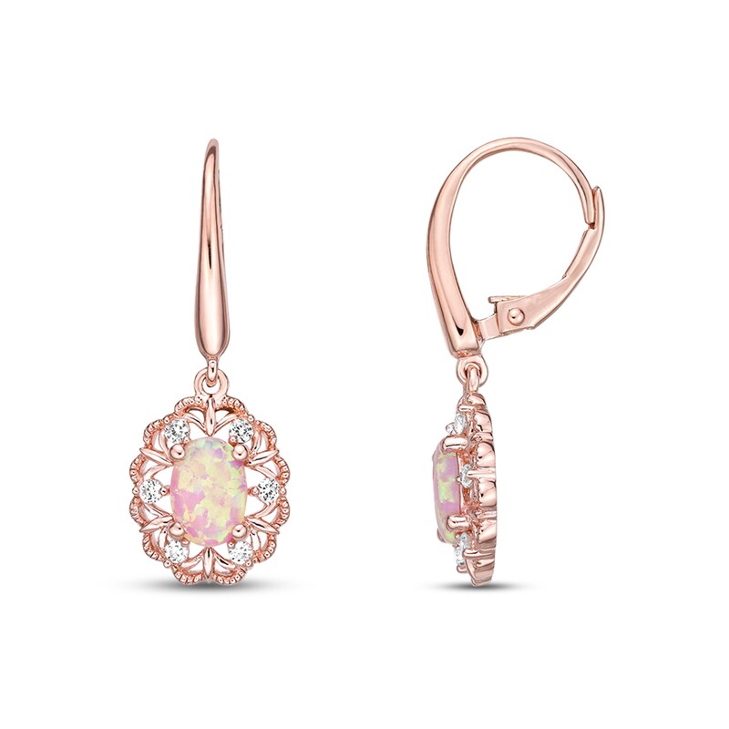 Main Image 1 of Previously Owned Lab-Created Pink Opal Earrings 1/5 ct tw Diamonds 10K Rose Gold