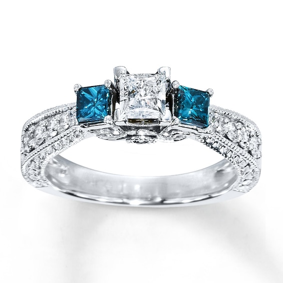 Previously Owned Blue Diamond Ring 1 ct tw Princess & Round-cut 14K White Gold Size 9.75