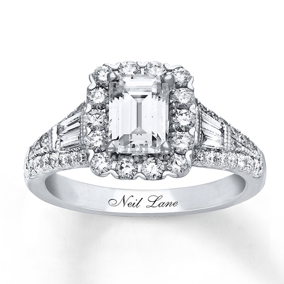 Previously Owned Neil Lane Engagement Ring 1-7/8 ct tw Emerald, Baguette & Round-cut Diamonds 14K White Gold Size 4.25