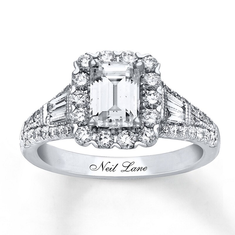 Main Image 1 of Previously Owned Neil Lane Engagement Ring 1-7/8 ct tw Emerald, Baguette & Round-cut Diamonds 14K White Gold - Size 4.25