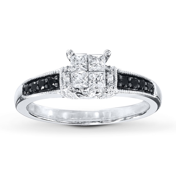 Previously Owned Black & White Diamond Engagement Ring 1/2 ct tw Princess & Round-cut 10K White Gold Size 9.75
