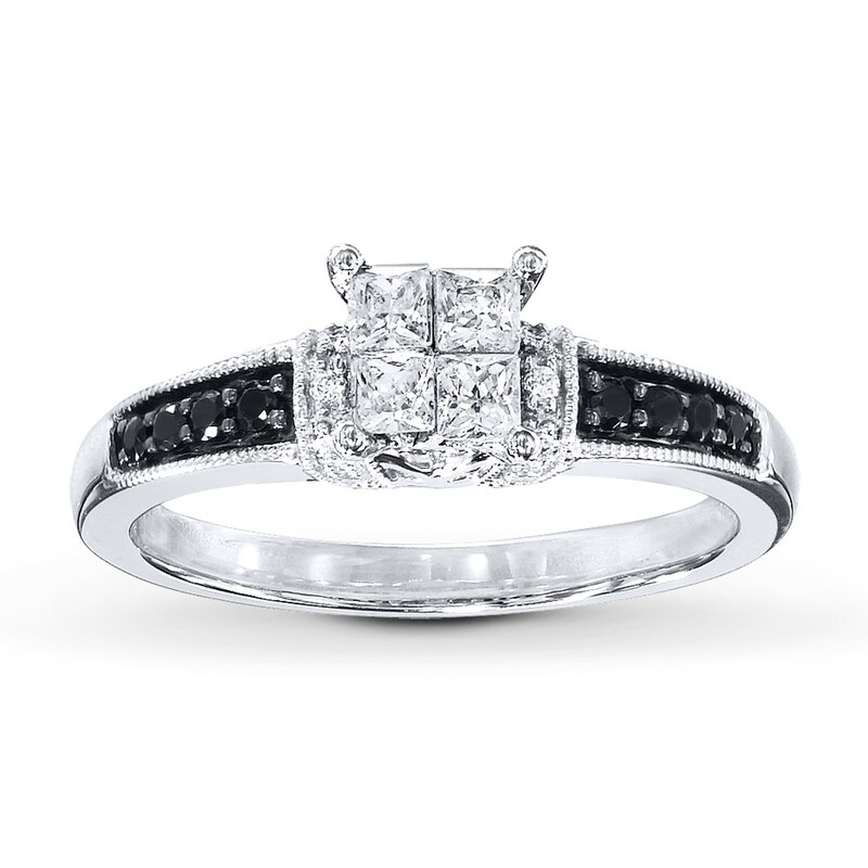 Main Image 1 of Previously Owned Black & White Diamond Engagement Ring 1/2 ct tw Princess & Round-cut 10K White Gold - Size 9.75
