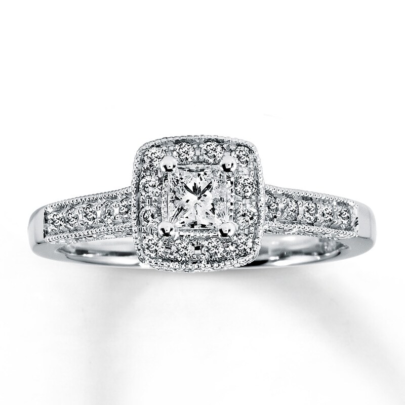 Main Image 1 of Previously Owned Diamond Engagement Ring 1/2 ct tw Princess & Round-cut 14K White Gold - Size 3.5