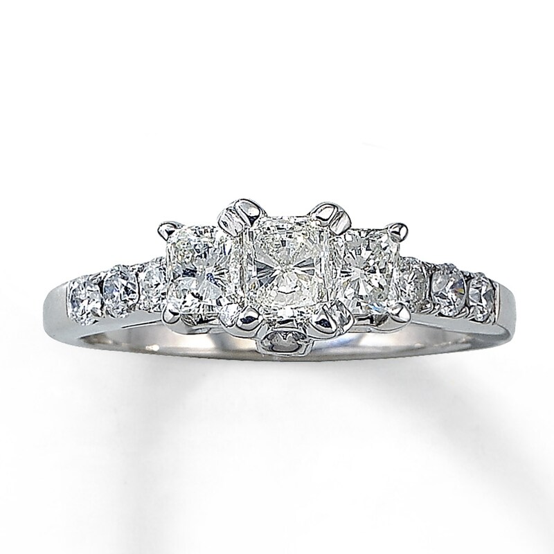Main Image 1 of Previously Owned 3-Stone Diamond Engagement Ring 1 ct tw Radiant & Round-cut 14K White Gold Size 9.75