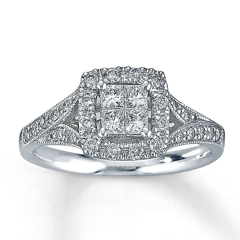 Main Image 1 of Previously Owned Diamond Engagement Ring 1/2 ct tw Princess & Round-cut Diamonds 14K White Gold Size 9.5
