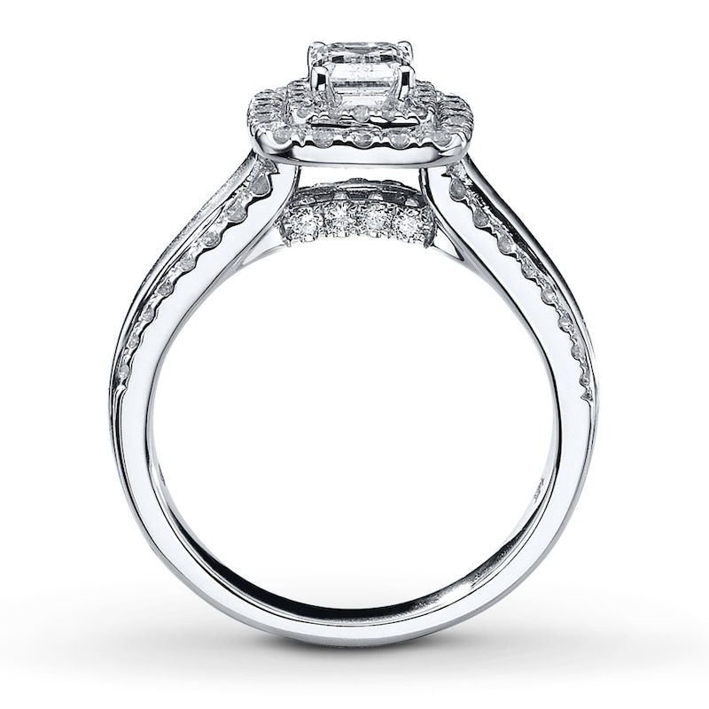 Main Image 2 of Previously Owned Diamond Engagement Ring 1-1/2 ct tw Emerald & Round-cut 14K White Gold Size 4