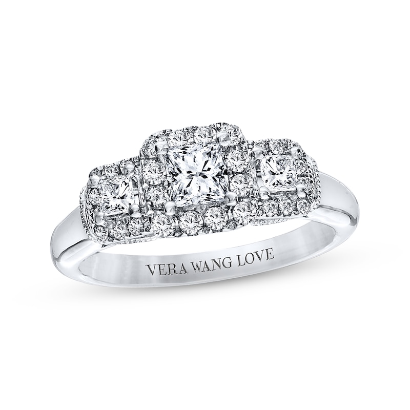 Main Image 1 of Previously Owned Diamond & Sapphire Engagement Ring 3/4 ct tw Princess & Round-cut 14K White Gold Size 4