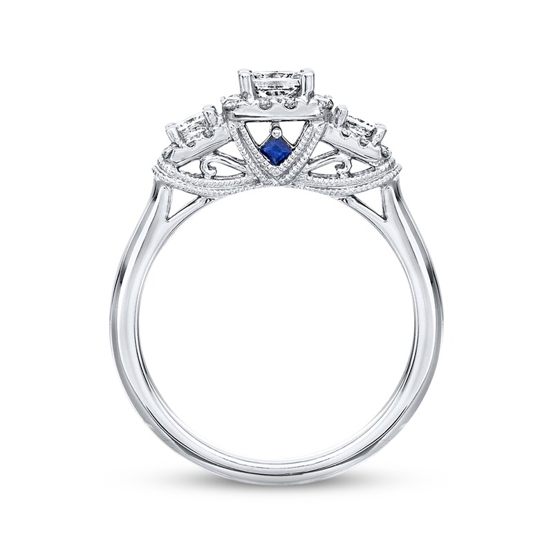 Main Image 2 of Previously Owned Diamond & Sapphire Engagement Ring 3/4 ct tw Princess & Round-cut 14K White Gold Size 4