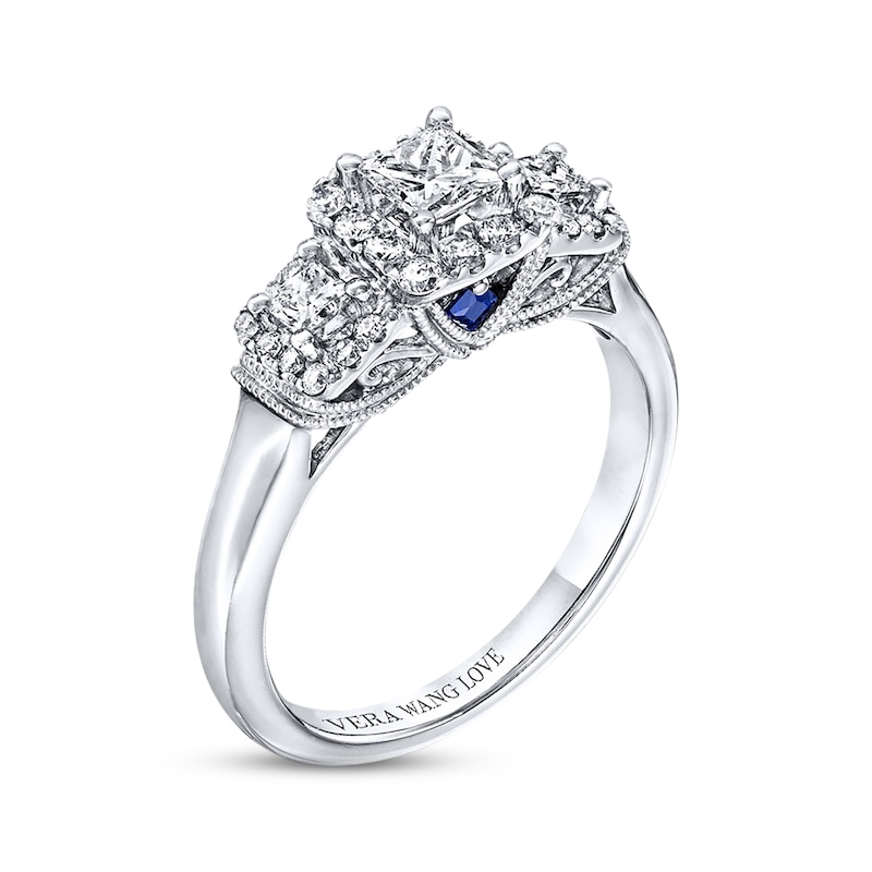 Main Image 3 of Previously Owned Diamond & Sapphire Engagement Ring 3/4 ct tw Princess & Round-cut 14K White Gold Size 4