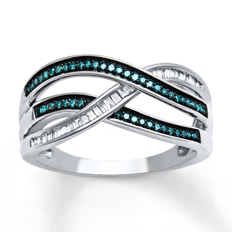 Main Image 1 of Previously Owned Blue & White Diamonds 1/4 ct tw Baguette & Round-cut Ring Sterling Silver Size 10.5