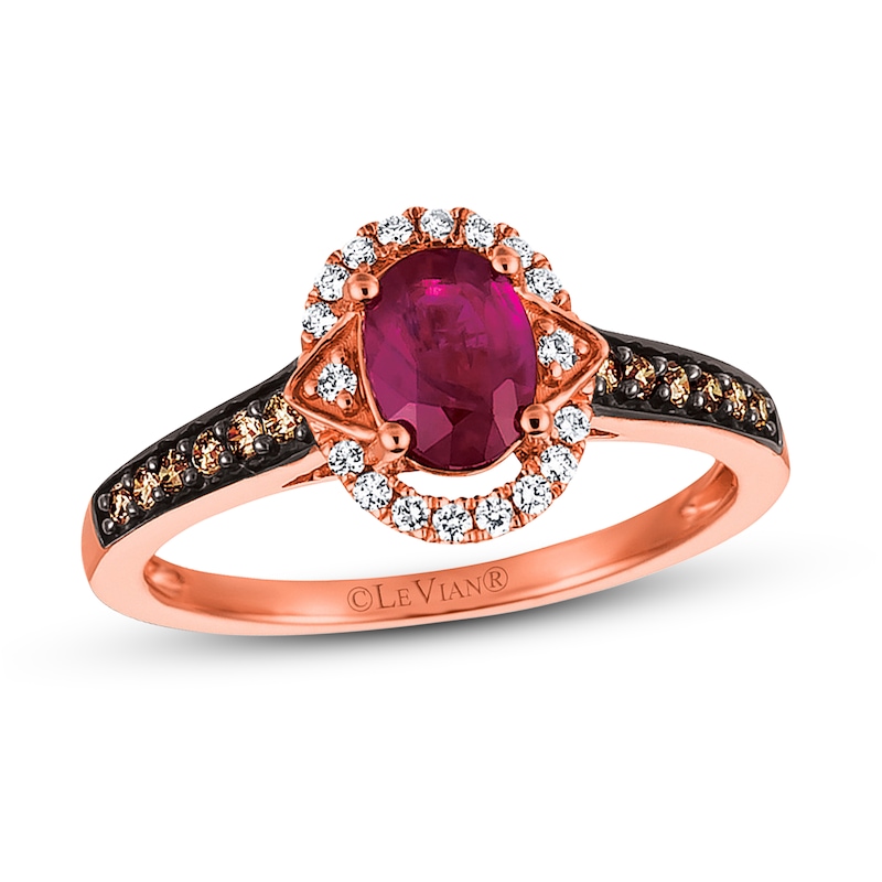 Main Image 1 of Previously Owned Le Vian Natural Ruby Ring 1/4 ct tw Chocolate Round-cut Diamonds 14K Strawberry Gold - Size 9.75