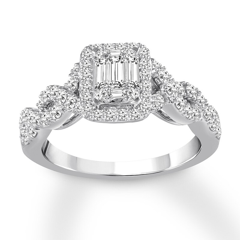 Main Image 1 of Previously Owned Diamond Engagement Ring 7/8 ct tw Baguette & Round-cut 14K White Gold - Size 12.25