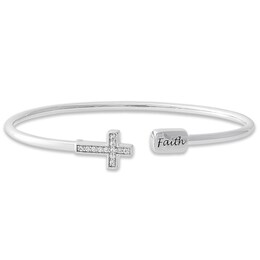 Previously Owned &quot;Faith&quot; Diamond Cross Cuff Bangle Bracelet 1/8 ct tw Sterling Silver