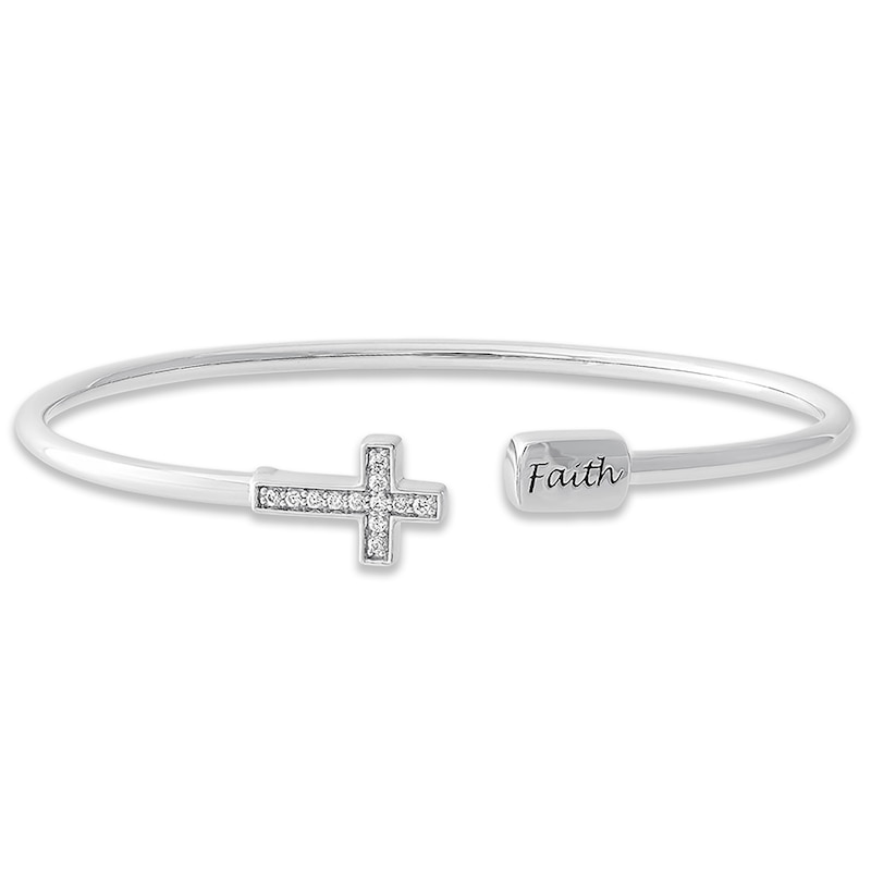Main Image 1 of Previously Owned "Faith" Diamond Cross Cuff Bangle Bracelet 1/8 ct tw Sterling Silver