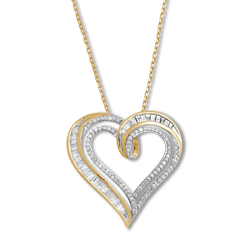 Main Image 1 of Previously Owned Diamond Heart Necklace 1/2 ct tw Round & Baguette 10K Yellow Gold