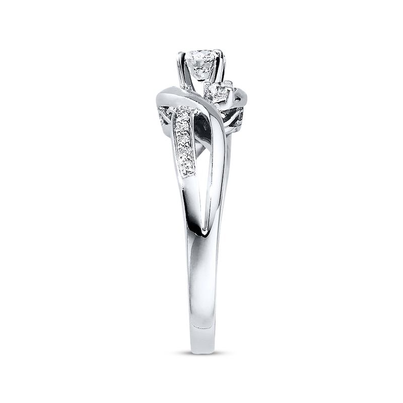 Main Image 2 of Previously Owned Three-Stone Engagement Ring 3/8 ct tw Round-cut Diamonds 14K White Gold - Size 3.5