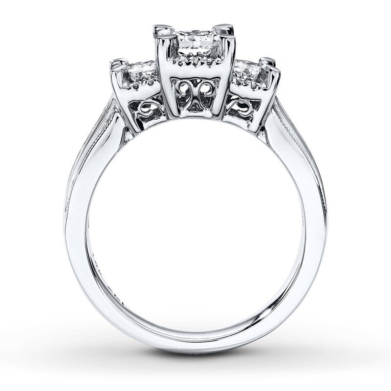 Main Image 2 of Previously Owned Three-Stone Engagement Ring 1 ct tw Princess & Round-cut Diamonds 14K White Gold Size 11.75