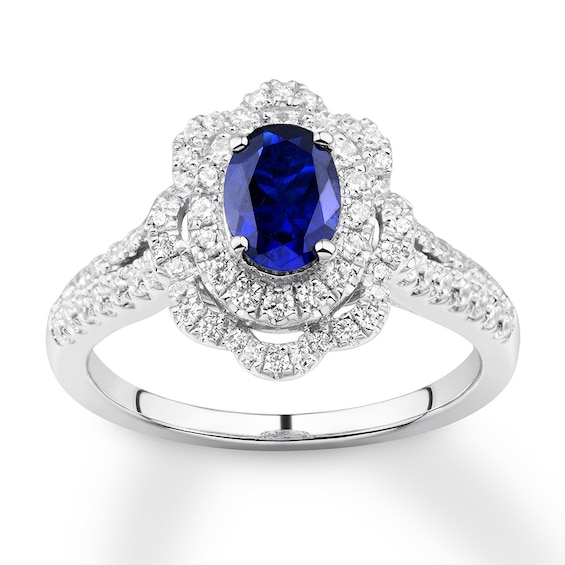 Previously Owned Oval Sapphire Engagement Ring 1/2 ct tw Round-cut Diamonds 14K White Gold Size 11