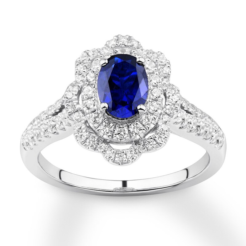 Main Image 1 of Previously Owned Oval Sapphire Engagement Ring 1/2 ct tw Round-cut Diamonds 14K White Gold Size 11