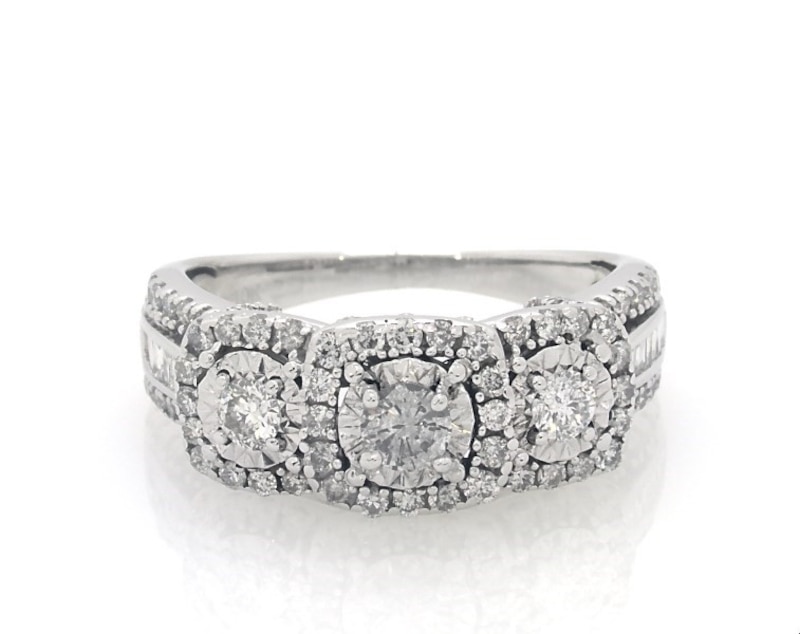 Main Image 1 of Previously Owned 3 Stone Diamond Engagement Ring 1 ct tw Round/Baguette 10K White Gold